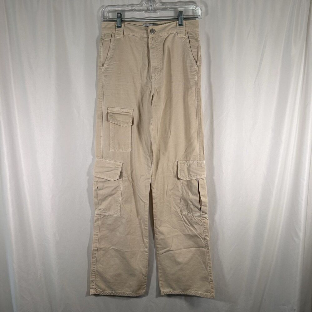Zara Cargo Pants Women's 0 Ivory Denim Flat Front Pockets High Rise 100% Cotton